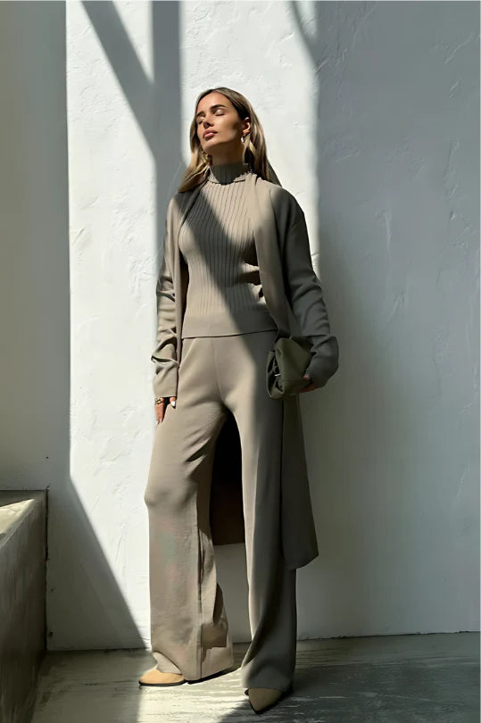 Heidi Set | Chic Three-Piece Outfit with Cardigan, Trousers, and Top