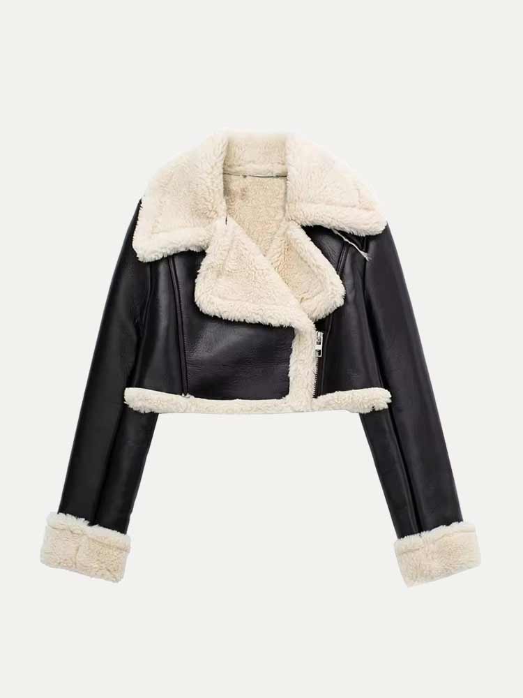 Rhea - Fur Collar Cropped Faux Leather Jacket