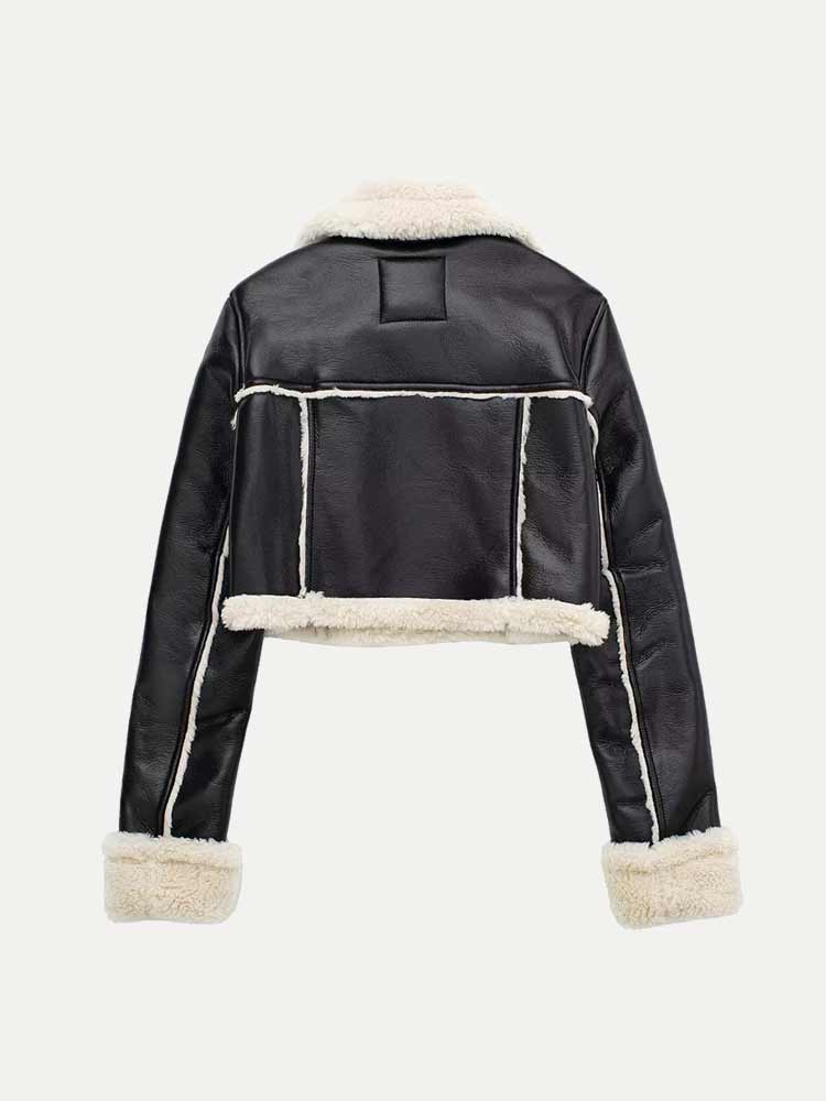 Rhea - Fur Collar Cropped Faux Leather Jacket