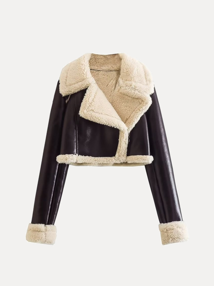 Rhea - Fur Collar Cropped Faux Leather Jacket