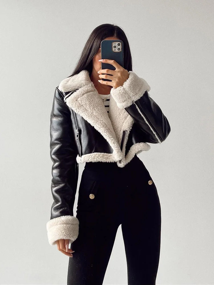 Rhea - Fur Collar Cropped Faux Leather Jacket