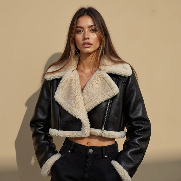 Rhea - Fur Collar Cropped Faux Leather Jacket